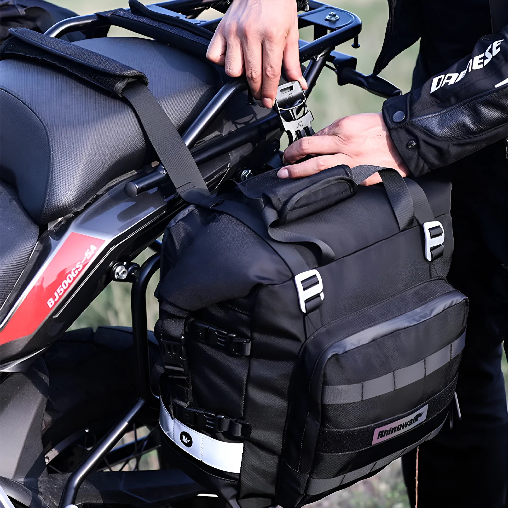 20 litre quick release motorcycle side bag in black or army green colour