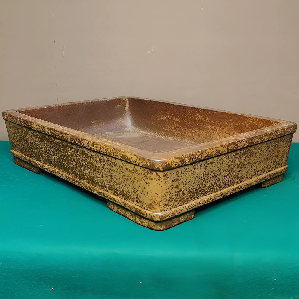 Straight-sided shallow rectangular Yixing zisha clay flowerpot in natural purple colour.