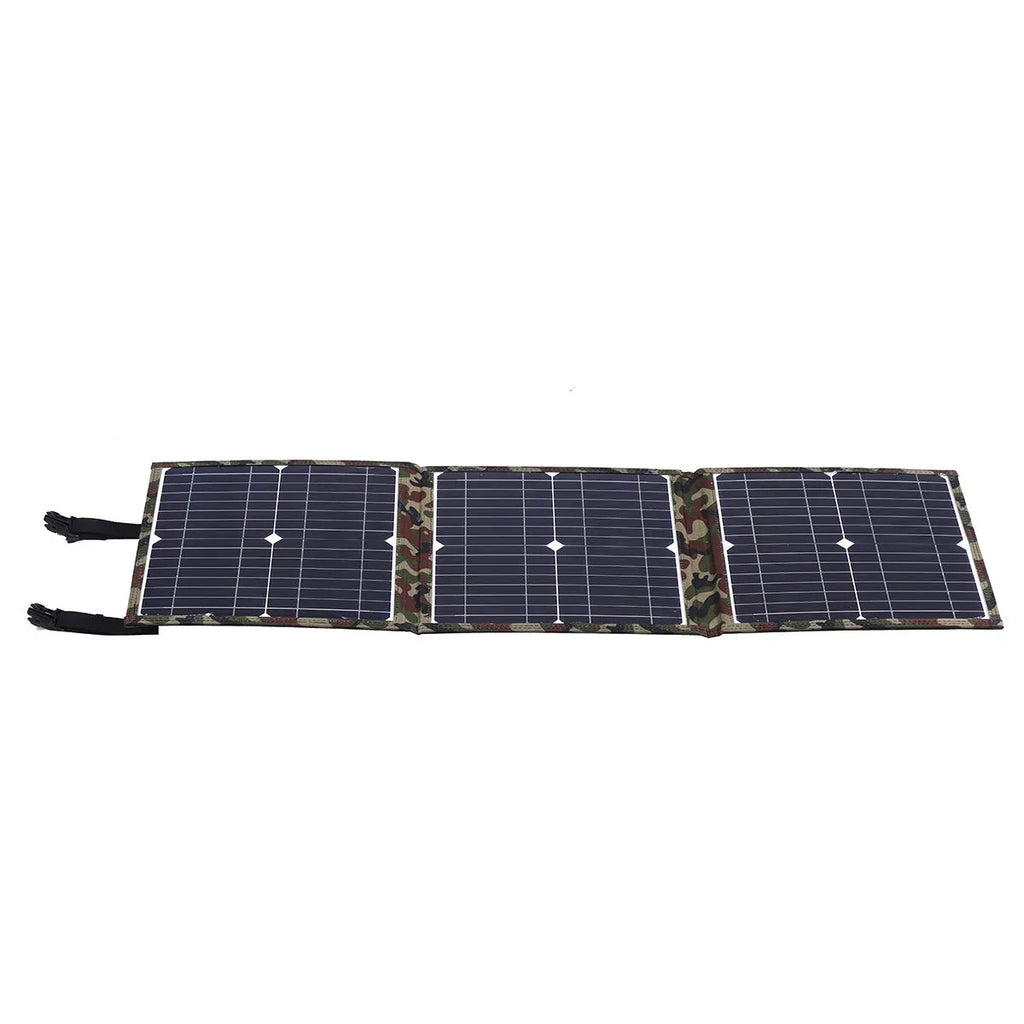 Black foldable portable 36W solar panel with USB ports and included car charger accessories
