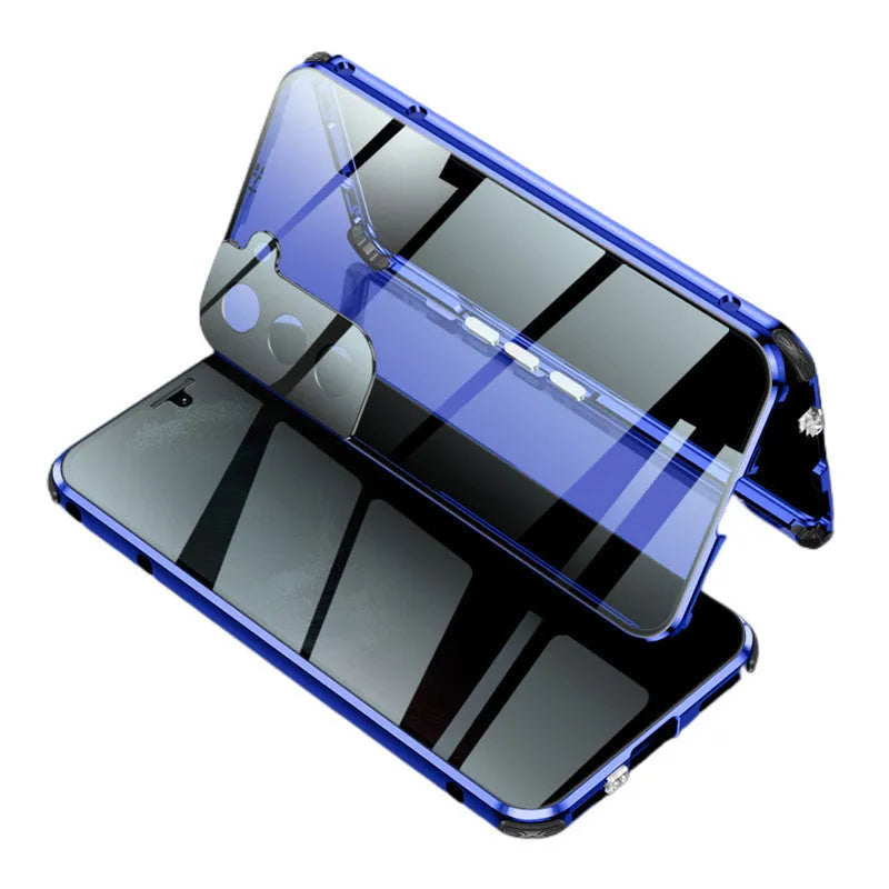 Black clamshell magnetic phone case for Samsung Galaxy with anti-peeping screen, open to show interior.