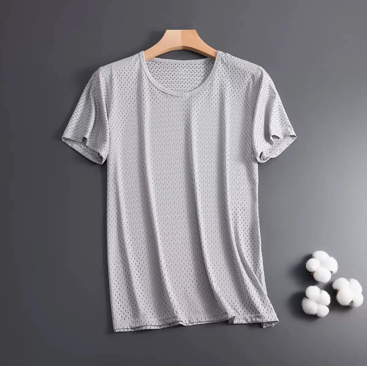 Men's solid colour Ice Silk short sleeve crew neck t-shirt on a hanger.