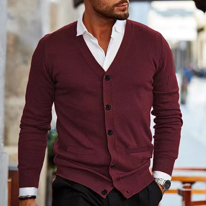Men's slim fit acrylic cardigan sweater coat in wine red colour with long sleeves