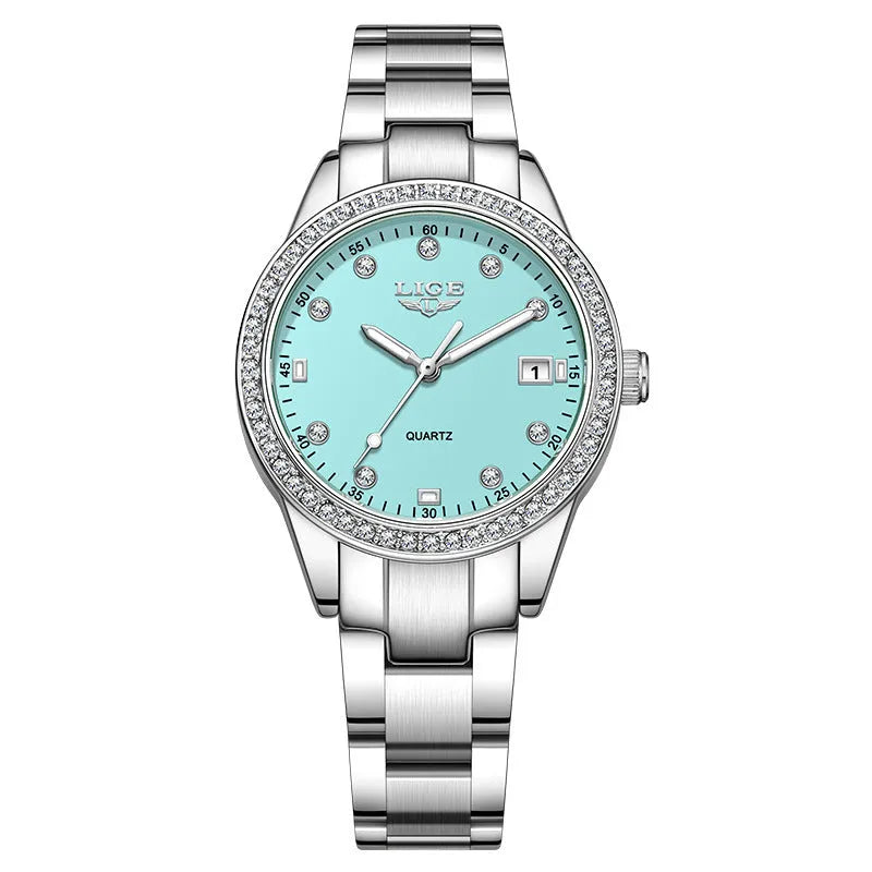 Silver fashion quartz watch with diamond markers on a 34mm stainless steel case and luminous hands.