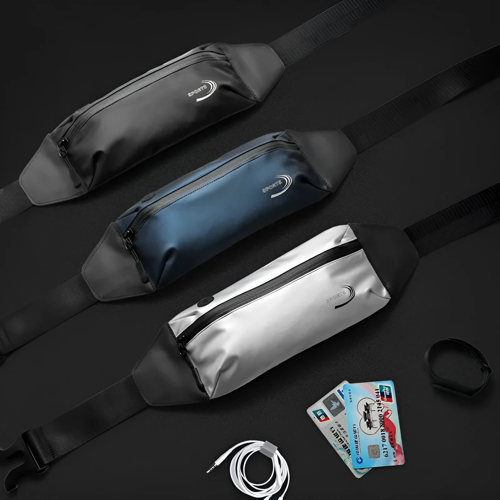 Men's black waterproof sports waist bag with bungee cord waistband on a grey background
