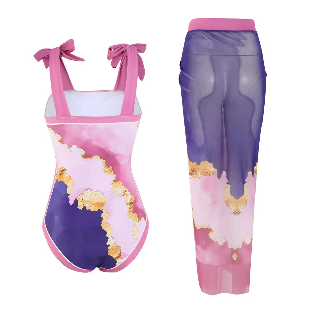 Floral print conservative one-piece swimsuit with mesh tube top and matching skirt in polyester