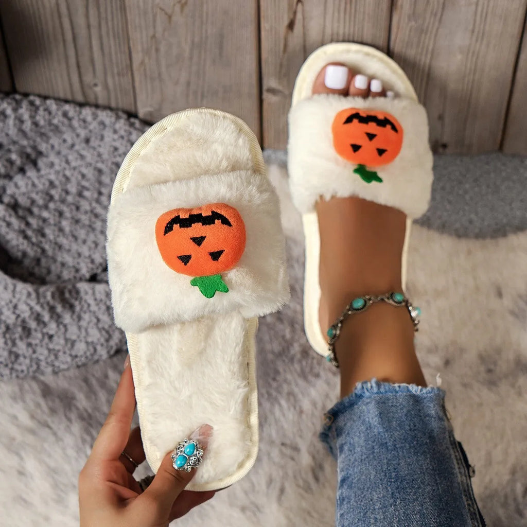 Yellow Halloween pumpkin plush open-toe slippers with synthetic fur and anti-slip PVC soles