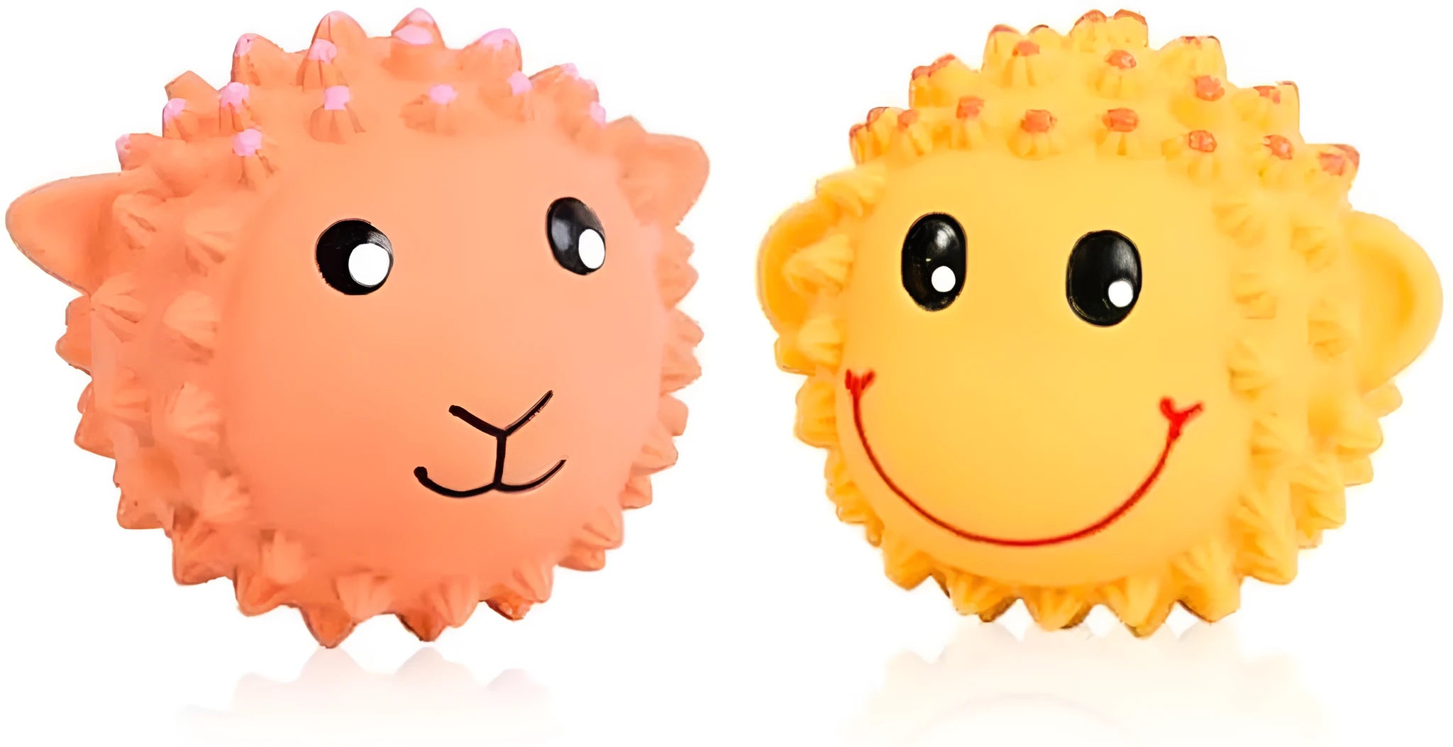 Two spiky squeaky latex dog toys, lamb and monkey designs, on a plain background.
