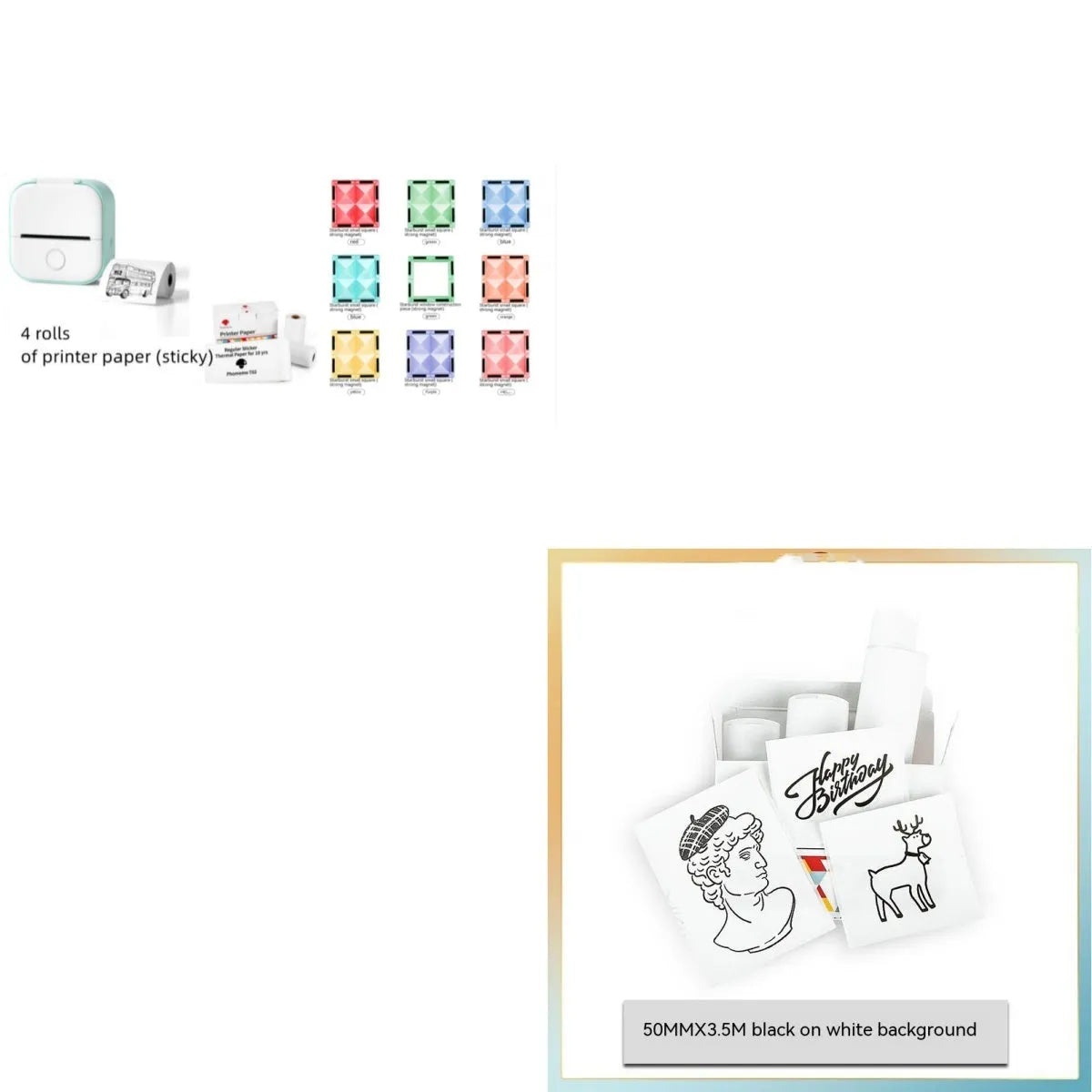 Portable mini thermal label printer in white, 87mm by 90mm by 40mm, with Bluetooth connectivity and inkless printing