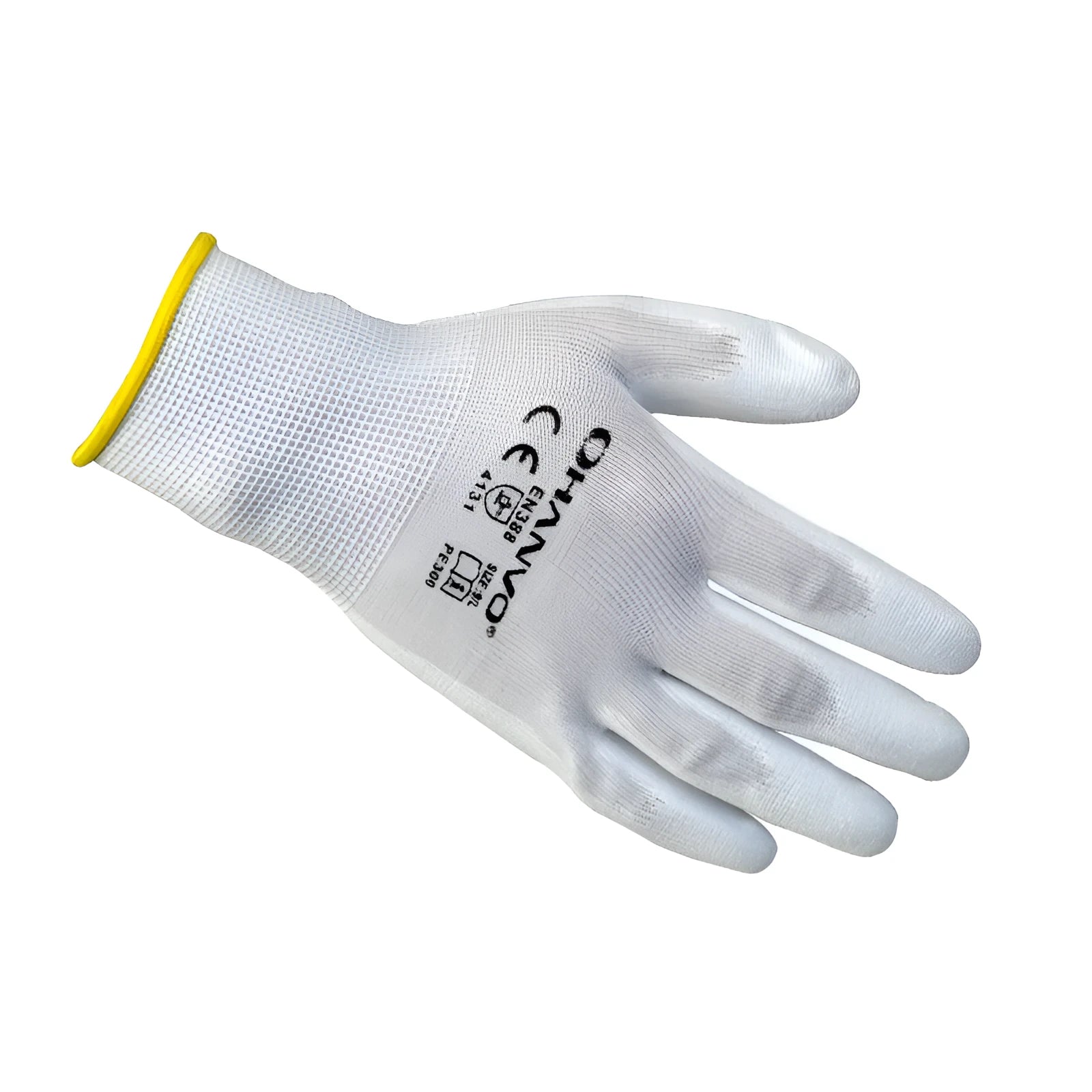Ten pairs of white PU coated work gloves showing wear-resistant palms and 24cm length.
