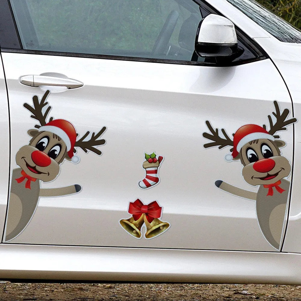 Magnetic luminous reflective Christmas bumper sticker featuring a cartoon elk with a bell