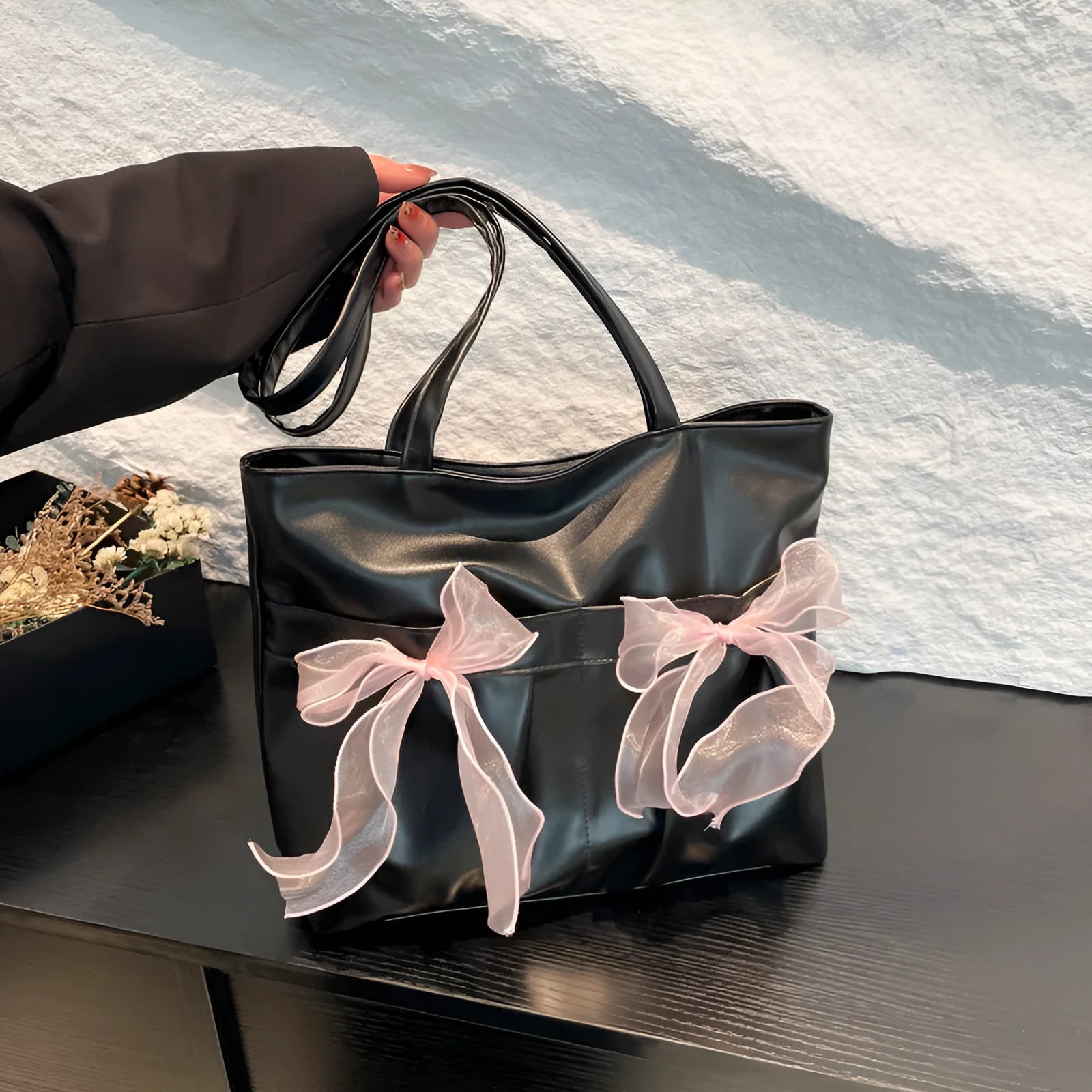Black and pink college style bow tote bag with large capacity and double shoulder straps.