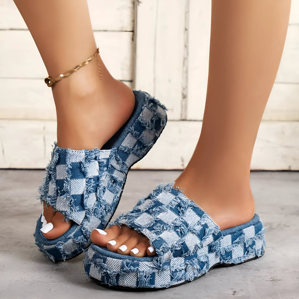 Women's denim slippers with slope heel and thick bottom in blue colour round toe design