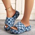 Women's denim slippers with slope heel and thick bottom in blue colour round toe design