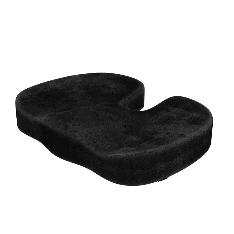 Black flannel U-shaped memory foam office seat cushion showing dimensions 46cm by 36cm.
