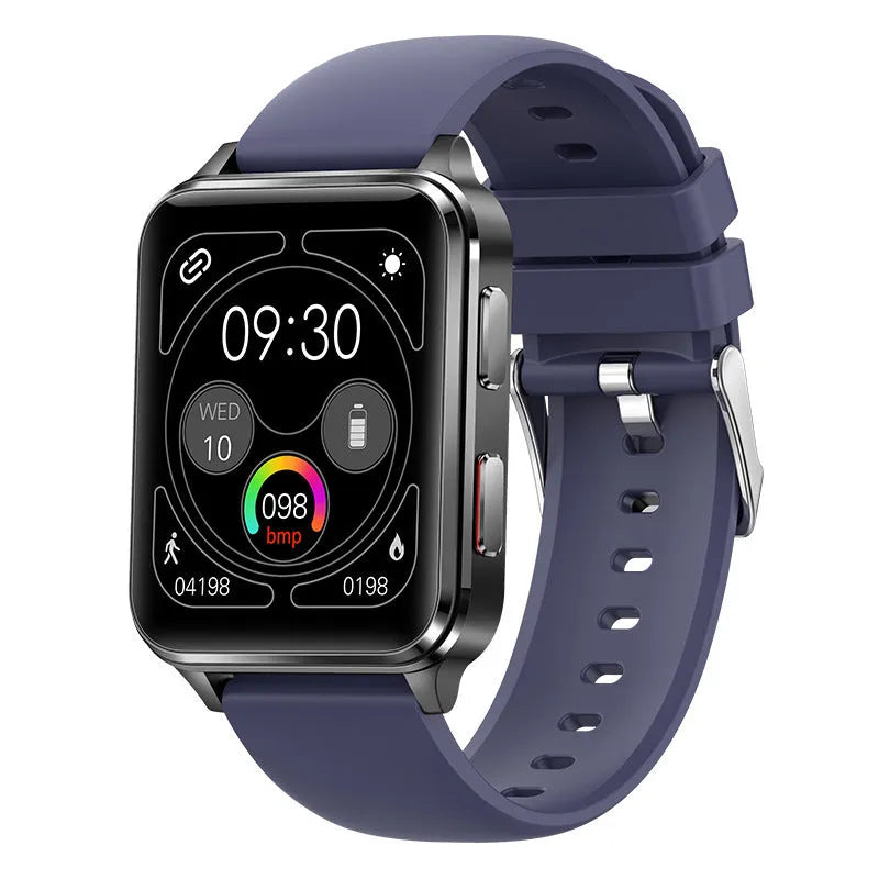 Air Type multi-sport smartwatch with 1.70-inch tempered glass screen and silicone wristband in blue, black, red, or leather options