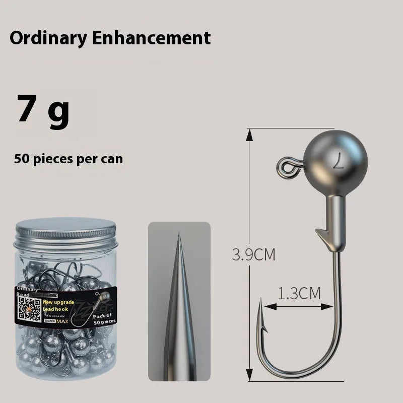 Set of 50 enhanced steel fishing jig hooks with barbed design and lead-head construction