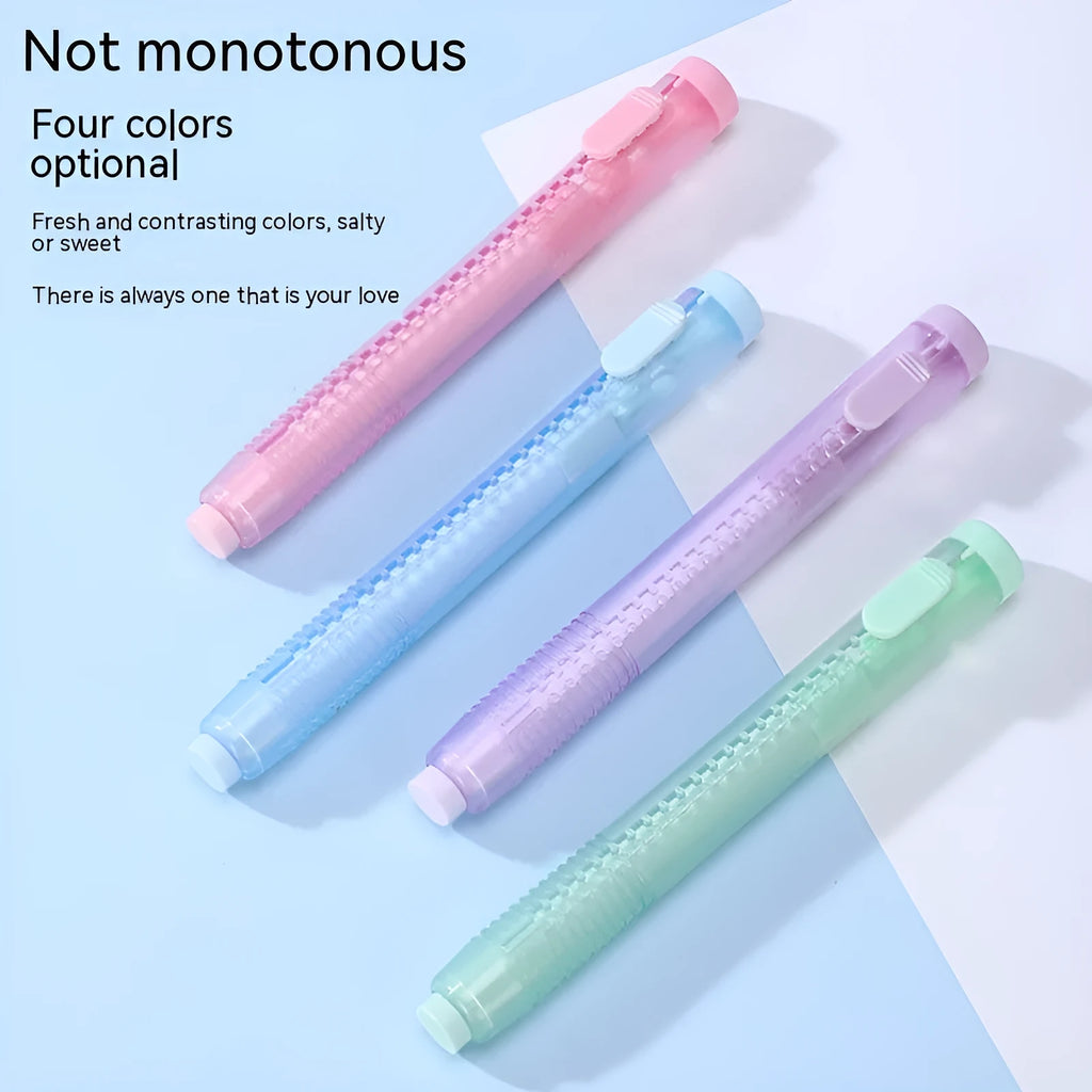 Blue push-type automatic children's eraser on a 12cm by 8cm measurement grid.