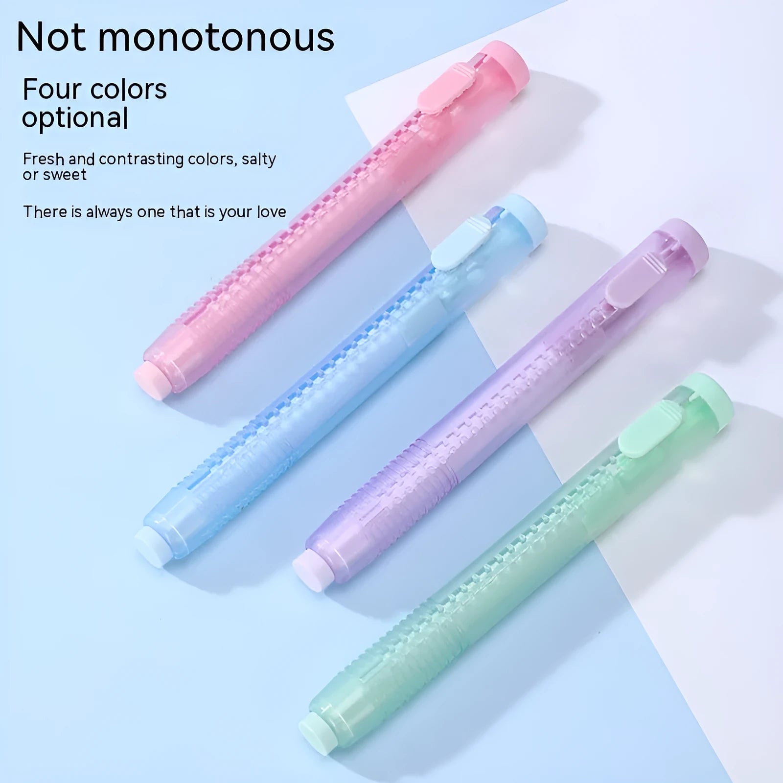 Blue push-type automatic children's eraser on a 12cm by 8cm measurement grid.