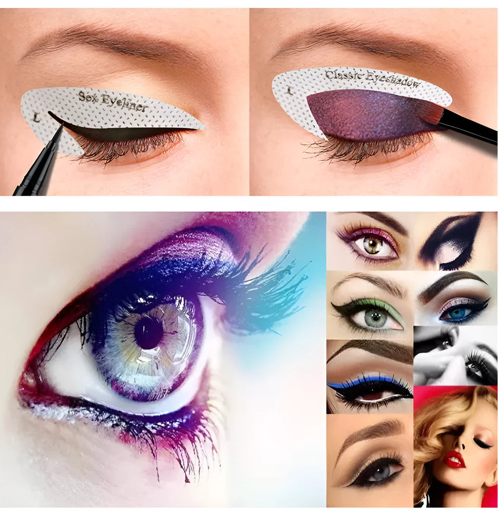Set of four clear, flexible eyeliner and eyeshadow stencil stickers on a pink background.