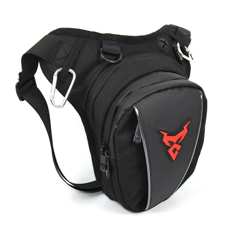 Motorcycle riding leg bag in 1200D Oxford cloth, shown in blue, with crossbody strap.