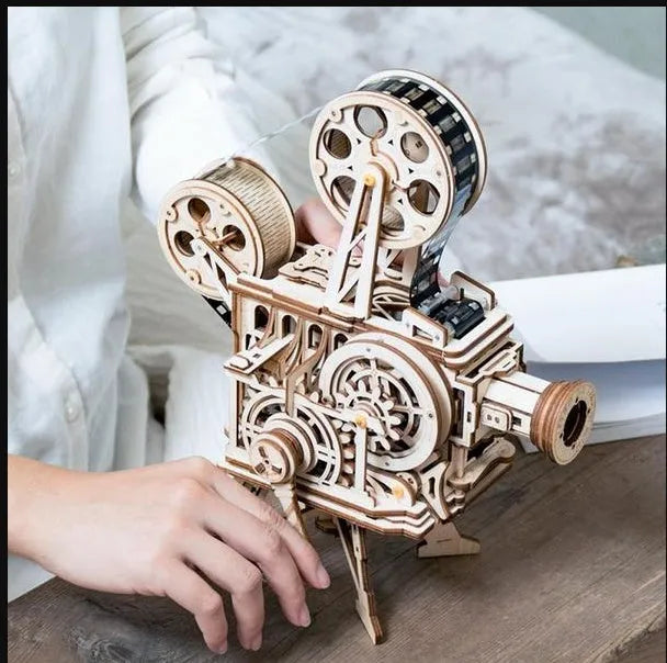 Wooden film projector 3D puzzle with hand crank and fully mechanical gear assembly