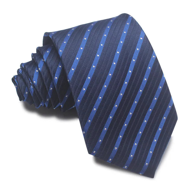 A man's striped formal tie in an arrow style, showing the jacquard texture and width of 7-8 cm.