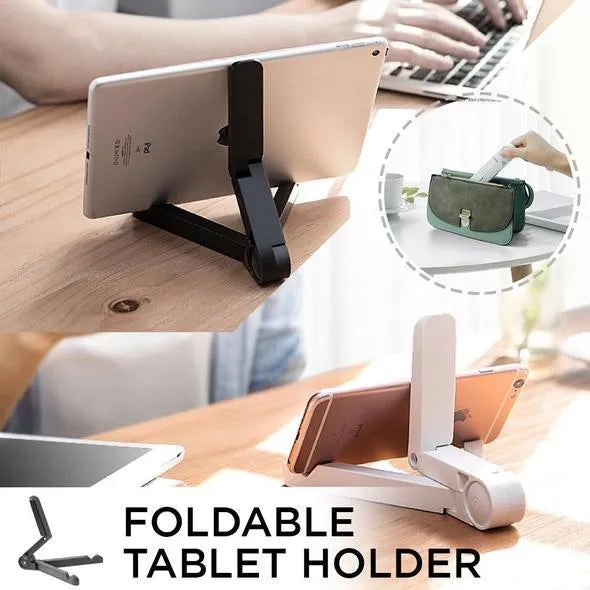 Black foldable tablet holder displaying smartphone in landscape position on desk