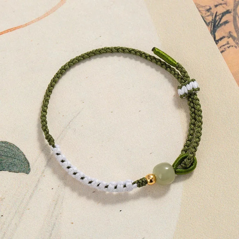 Hetian jade sterling silver carrying strap bracelet with colourful cord and national tide design