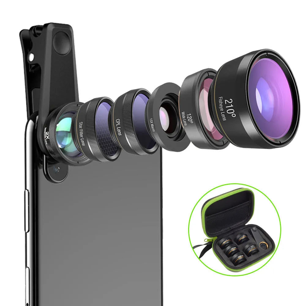 Black 6-in-1 universal smartphone camera lens kit with fisheye, wide-angle, macro, telephoto, CPL and star filter lenses on a table.