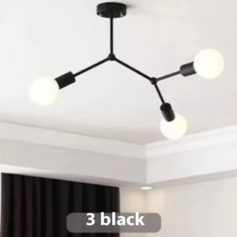 Iron Nordic-style chandelier ceiling lamp with multiple light heads, in black or white.