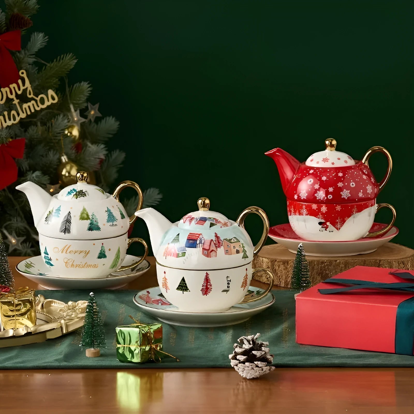Ceramic tea set with gold-plated teapot and matching cup on dish, snowflake pattern, gift box