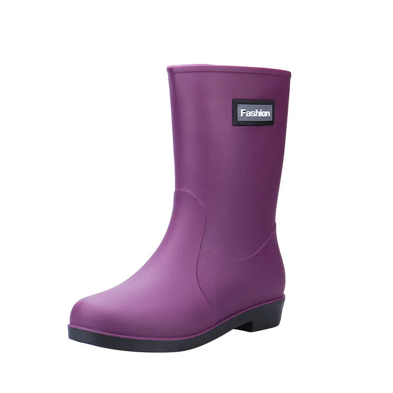 Women's mid-calf rain boots in PVC material with low heel for waterproof work wear