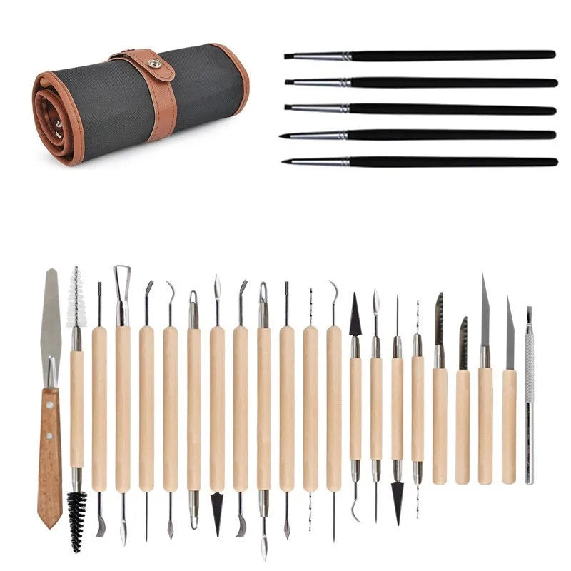 Brown pottery clay tool set with 27 stainless steel, wood and plastic sculpting tools in storage bag
