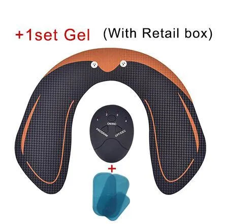 Compact black EMS muscle stimulator unit with conductive gel pads for abdominal and buttock toning