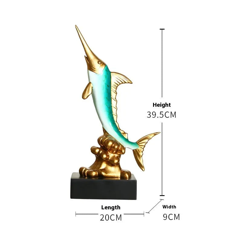 European-style resin swordfish decorative ornament in a choice of four colours on a shelf.