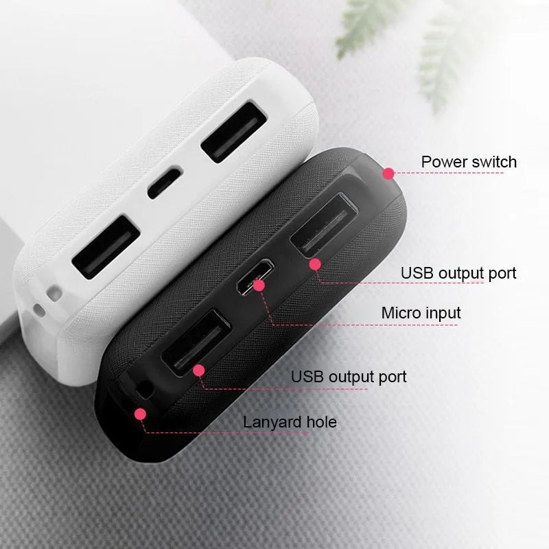 Black or white 10000mAh ultra-thin power bank with multiple USB ports showing 90mm x 63mm x 22mm dimensions