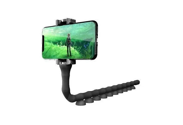 Black flexible rubber phone holder with suction cup extended to 62cm length on a desktop
