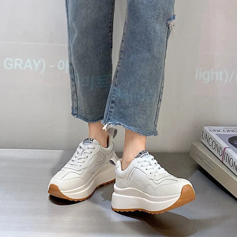 Women's white cowhide leather casual sports shoes with round toe, cross strap, and English muffin heel