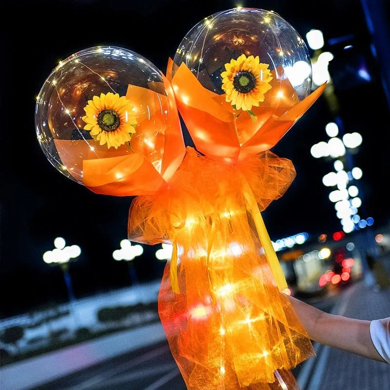 DIY LED luminous balloon rose bouquet set with transparent Bobo balls and LED lights on artificial flowers