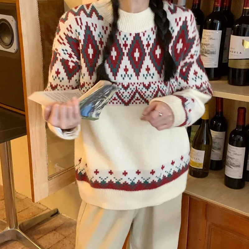 Red and white striped loose fit retro style long sleeve pullover knitted top