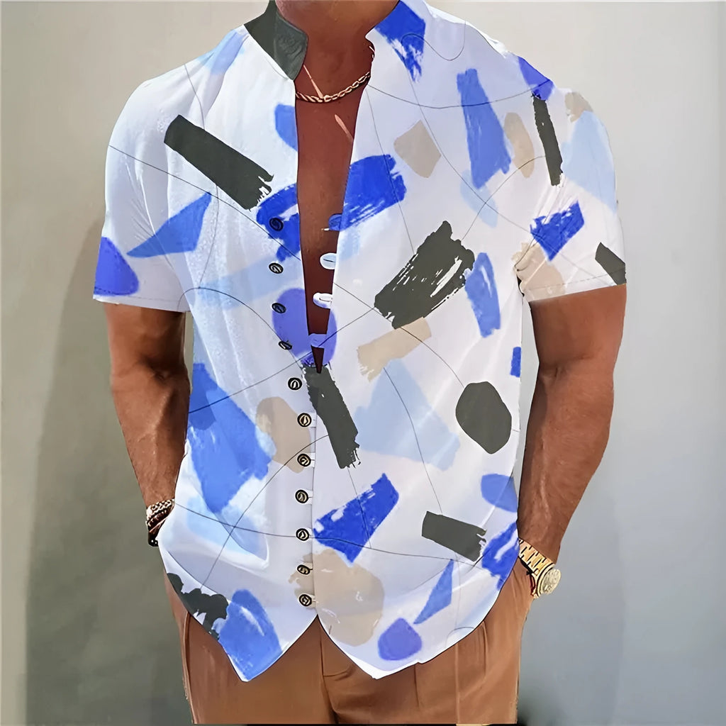 Short sleeve youth shirt with 3D printed geometric floral pattern on a cardigan-style front.