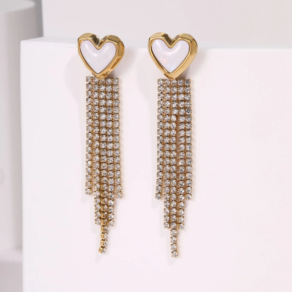 Stainless steel earrings with 18K gold electroplating in heart and star shapes featuring diamond tassel design
