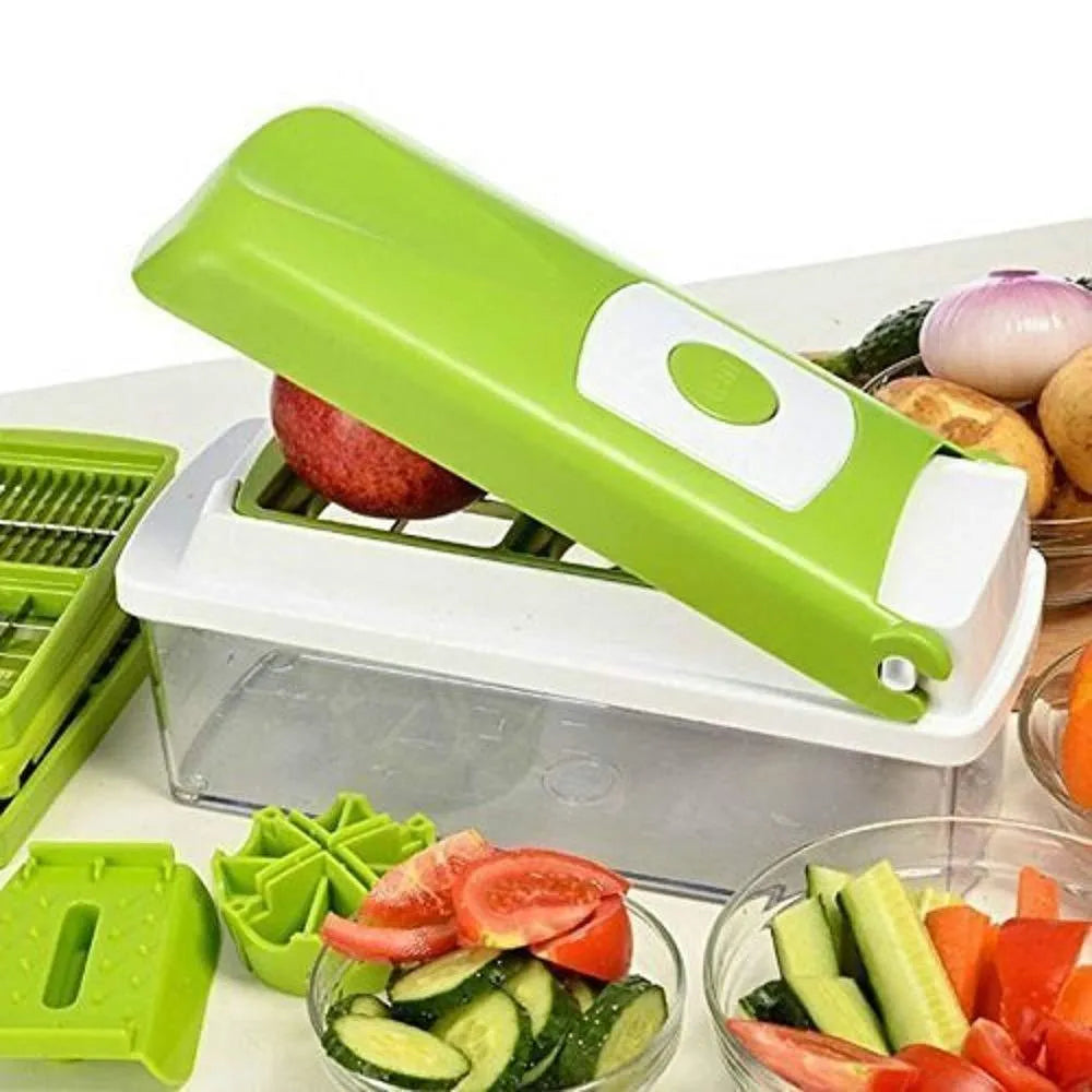 Green 12-piece manual food chopper set with stainless steel blades and ABS plastic body