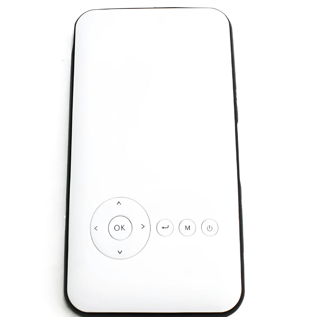 White smart handheld projector with Android system, DLP technology, wireless projection capability, placed on a table