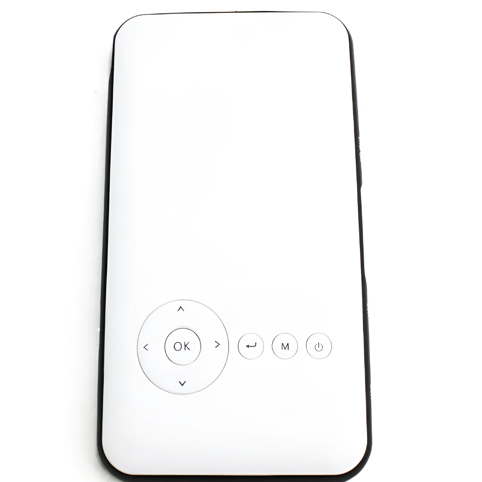White smart handheld projector with Android system, DLP technology, wireless projection capability, placed on a table