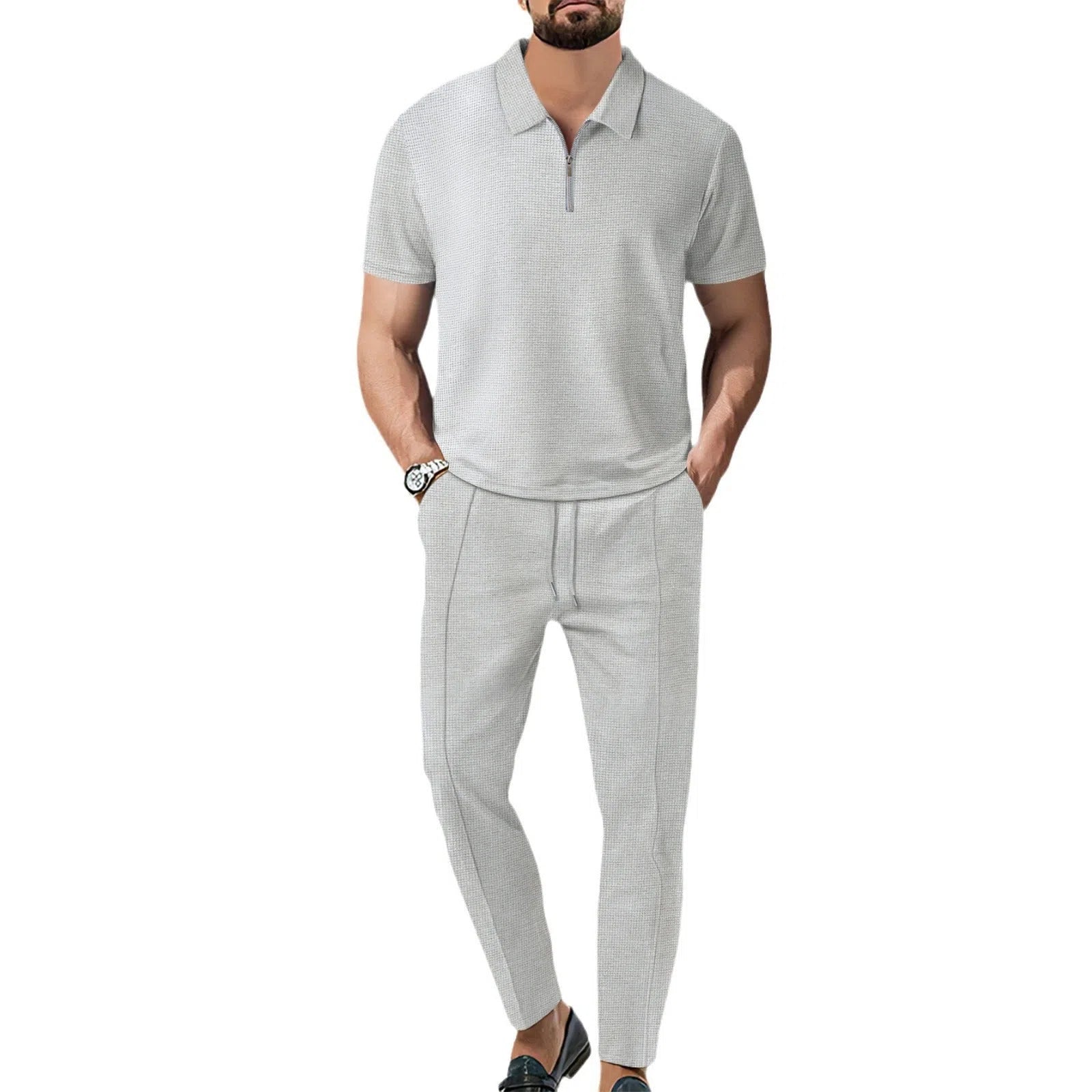 Men's solid colour waffle lapel suit set with short-sleeve top and trousers in khaki