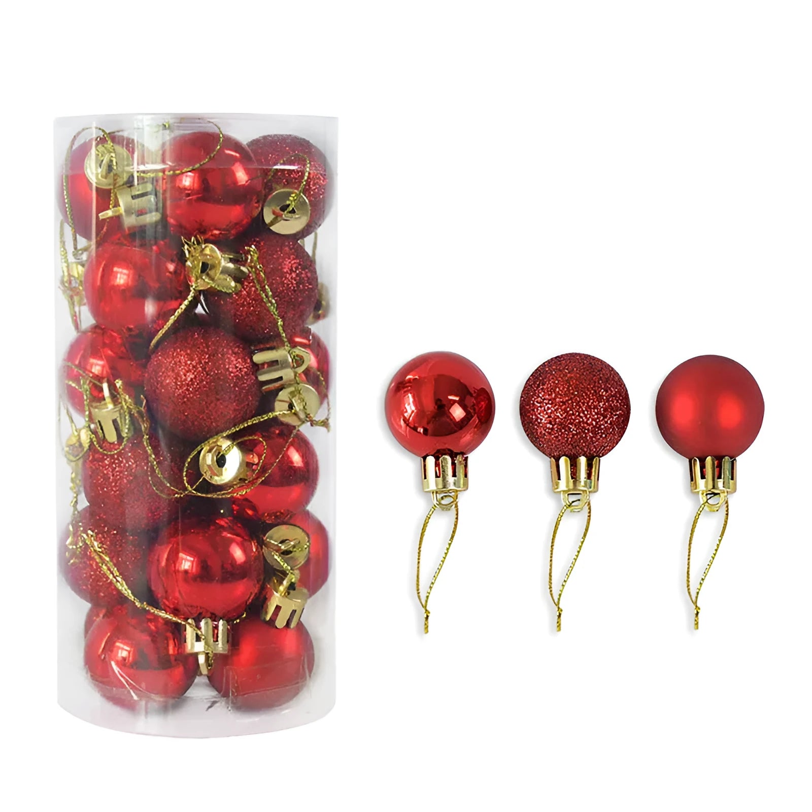 Set of 24 shiny and matte finish Christmas ball ornaments in assorted colours, each 3cm in diameter.