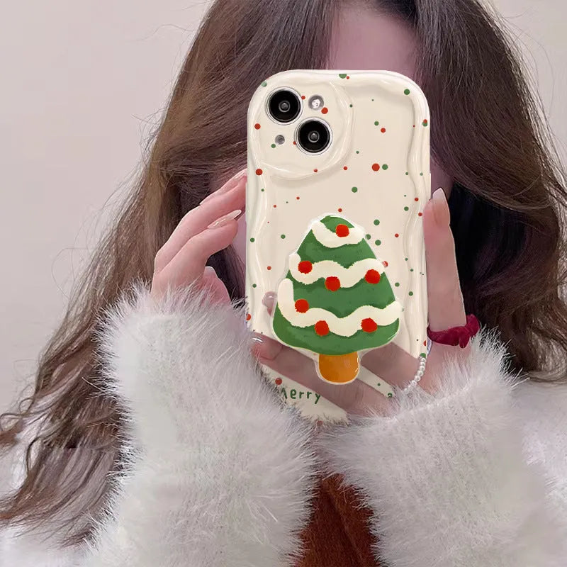 Silicone phone case with bracket, white cream colour with Christmas tree design, compatible with iPhone