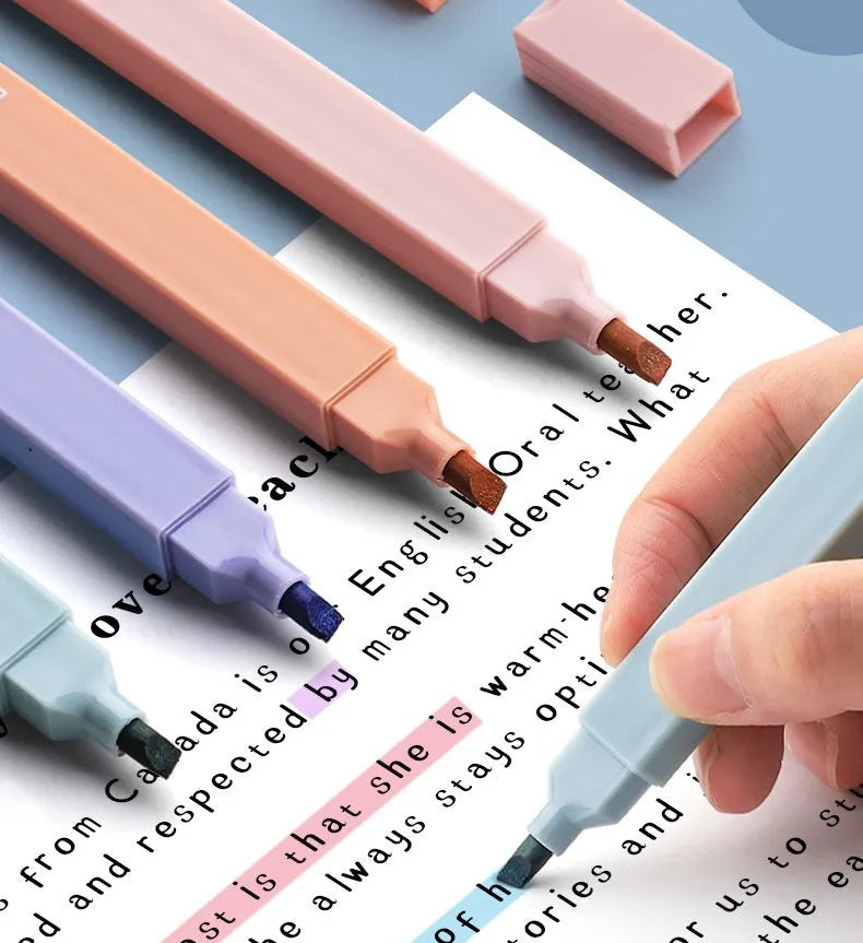 Set of double headed fluorescent highlighter pens showing two different coloured tips on each pen.