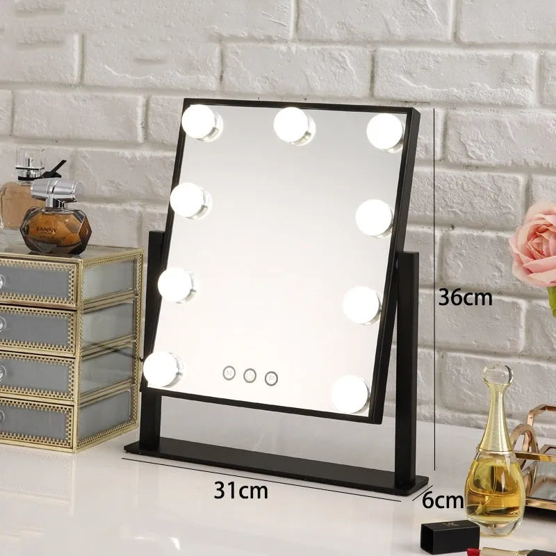 Black LED vanity makeup mirror with 9 bulbs mounted on a wall, 31x36cm